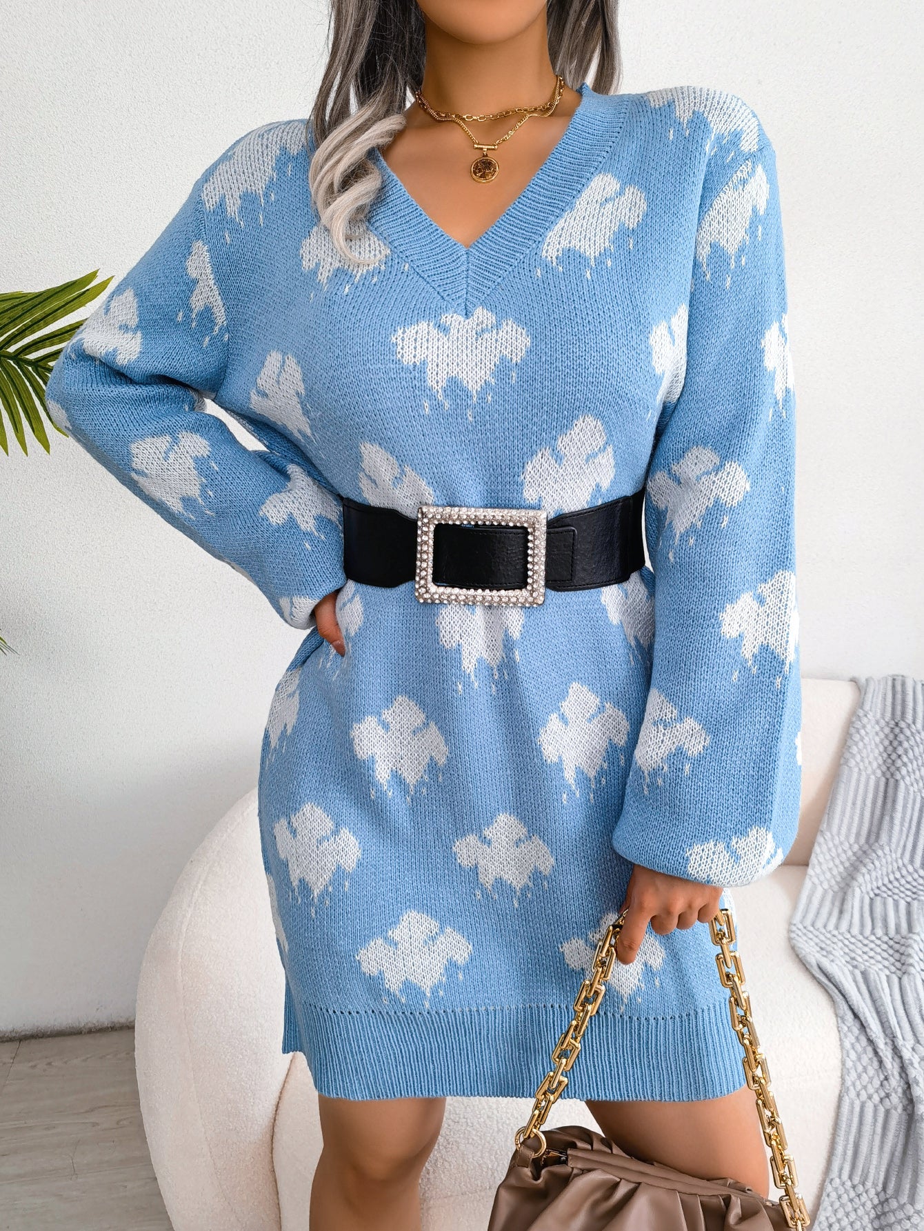 Women's Color-Blocked Cloud Lantern Sleeve Knitted Slip Dress