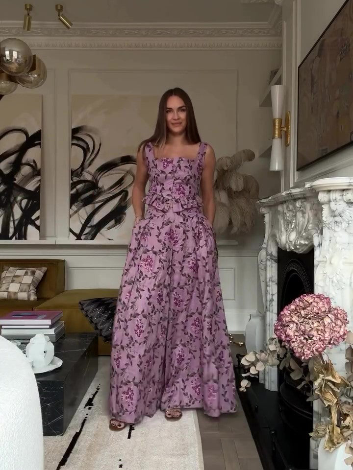 Holiday Floral Print Suspenders & Wide Leg Pants Set