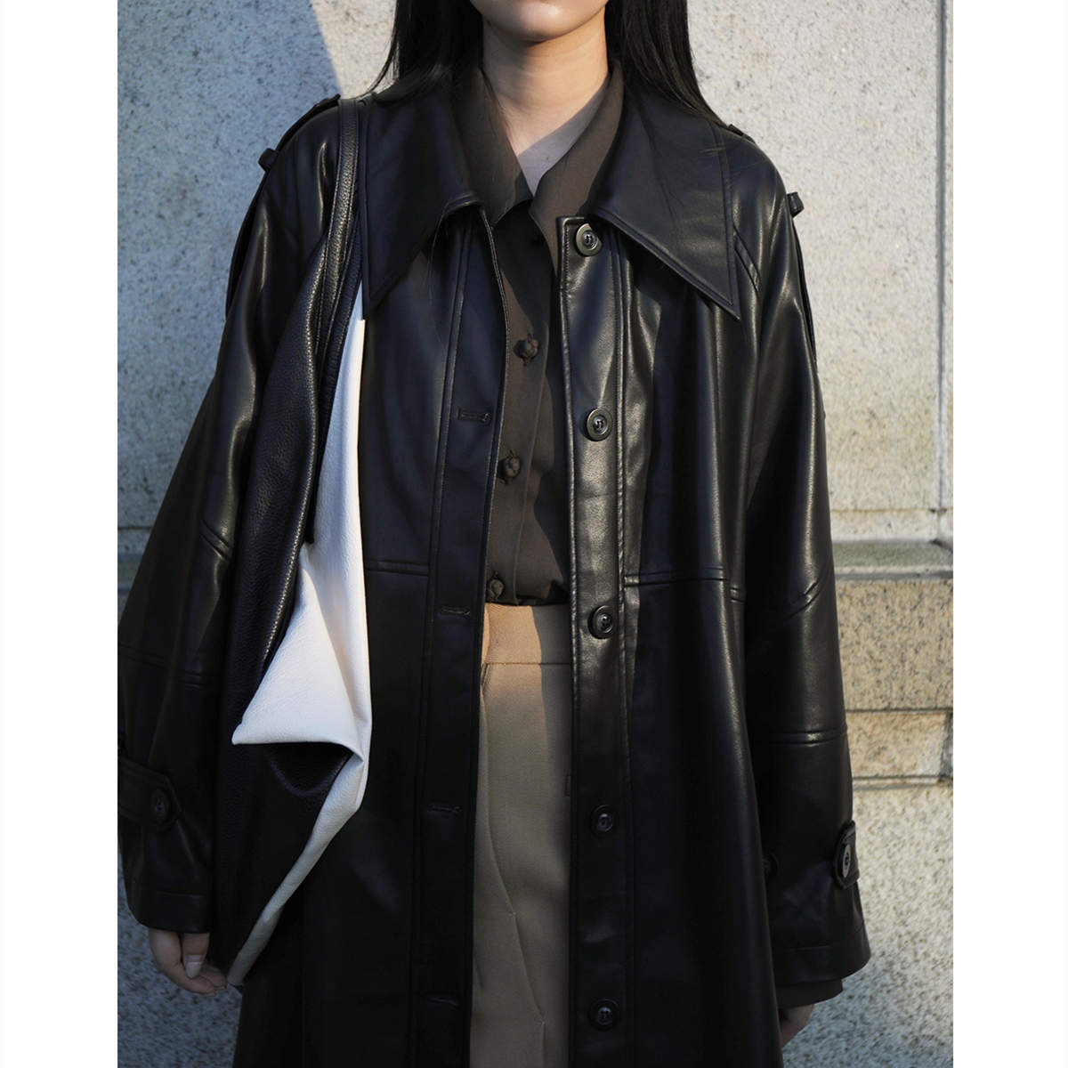 Women's Mid Length Green Leather Trench Coat