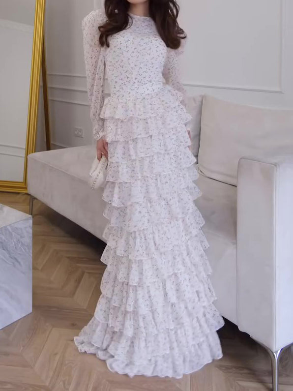 Elegant Floral Puff Sleeve Shirt & Ruffled Cake Skirt Set