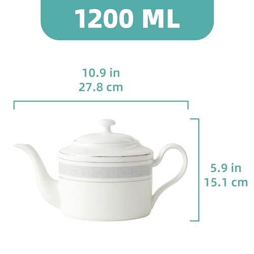 London Boutique Teapot, Teapots for 4 with Built-in Filter for Loose Leaf Tea, 1.3L Large Teapot, White Teapot with Silver Rim, Lightweight, Fina China Teapot Set Perfect Tea Maker for Tea Lovers