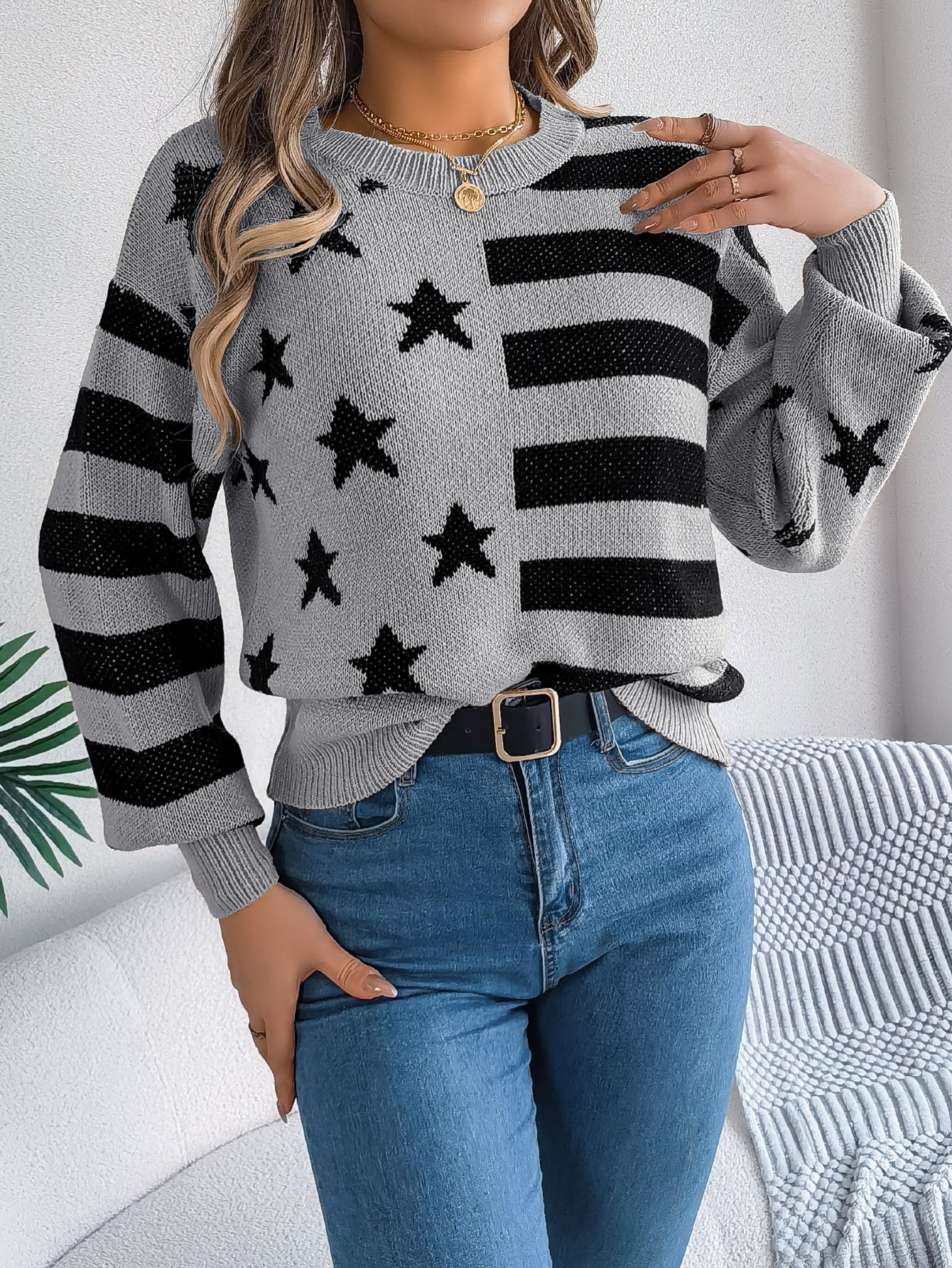 Women Casual Star Stripe Lantern Sleeve Long Sleeve Pullover Sweater
