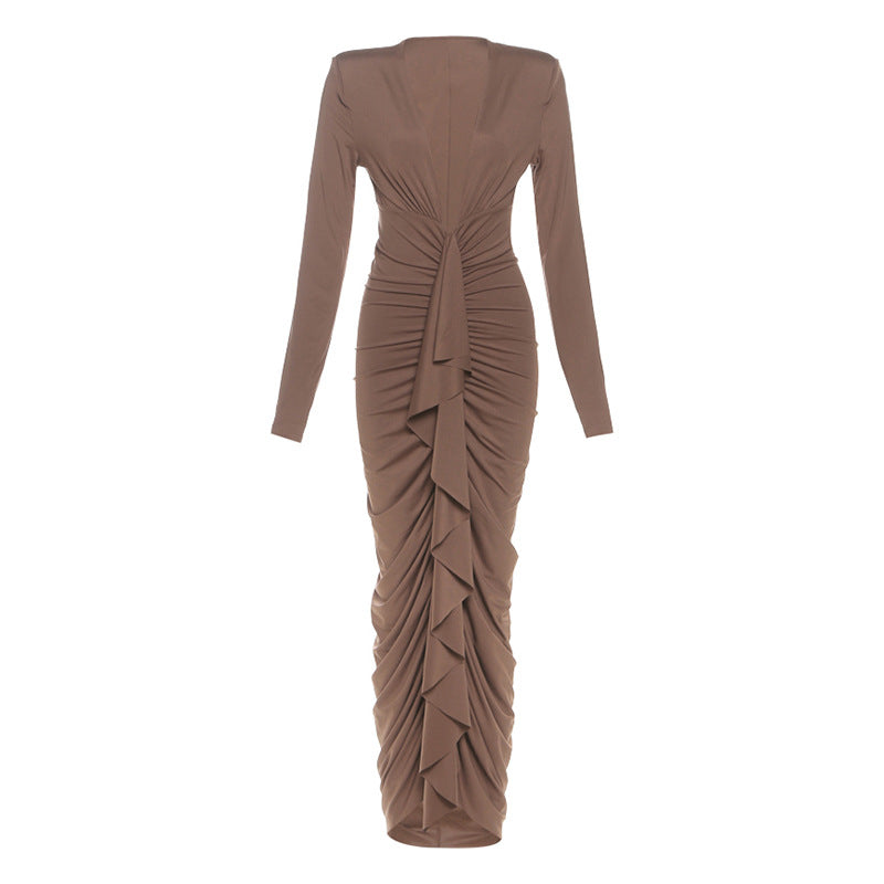 New Sexy Deep-V Pleated Design Elegant Figure-hugging Sheath Dress