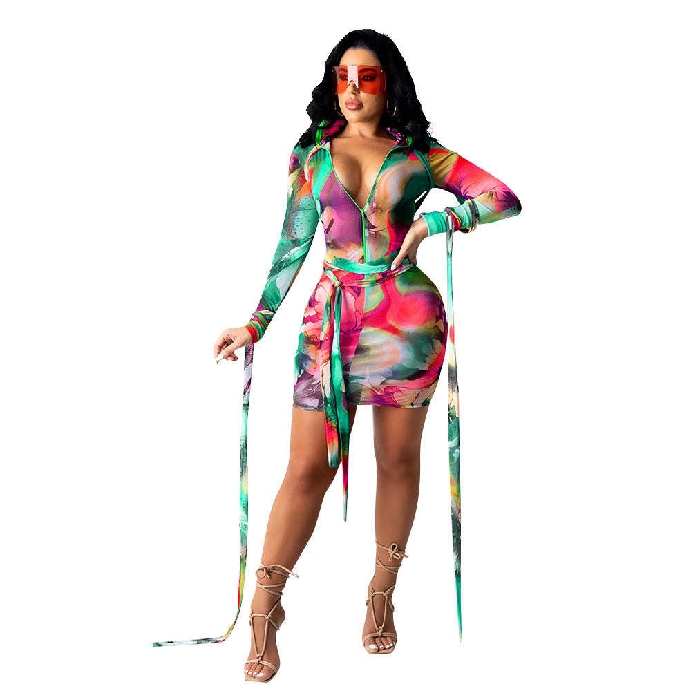 Sexy Women Mesh See-Through Printed Dress With Bandage