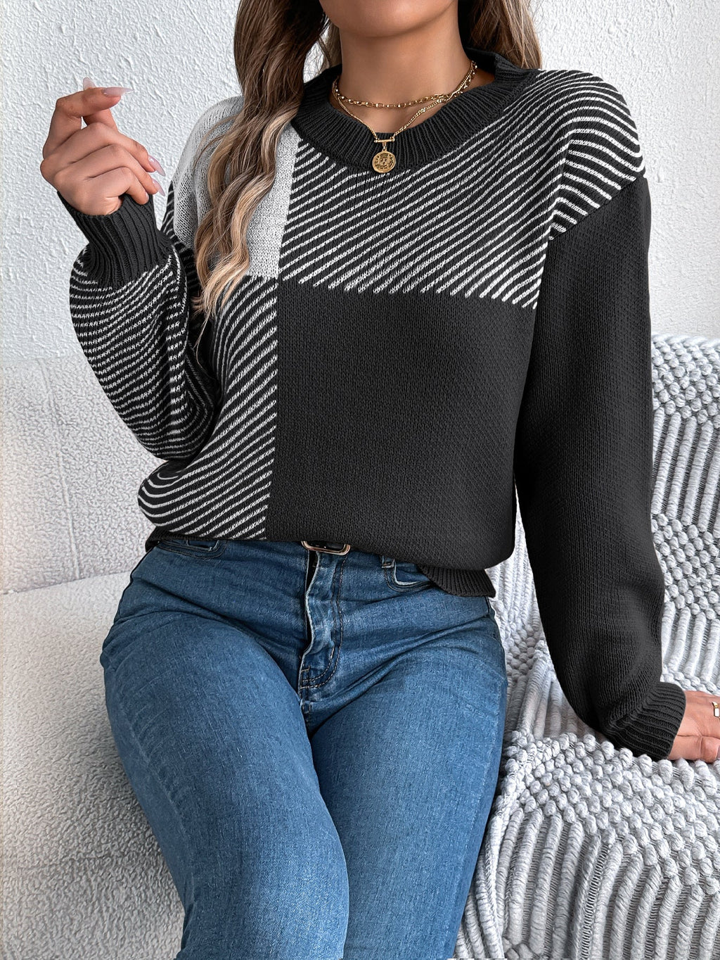 Women Casual Color Block Plaid Long Sleeve Pullover Sweater