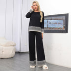 Women's Versatile Crew-neck Jacquard Top And Wide-leg Trousers Set