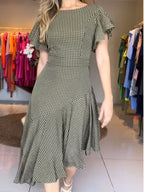 Women's Round Neck Plaid Irregular Ruffle Dress