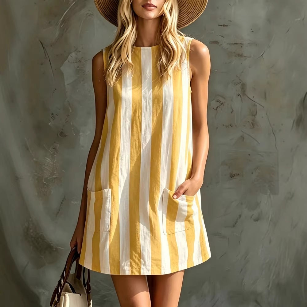 Women's Retro Striped Sleeveless Crew-Neck Cotton-Linen Mini Dress