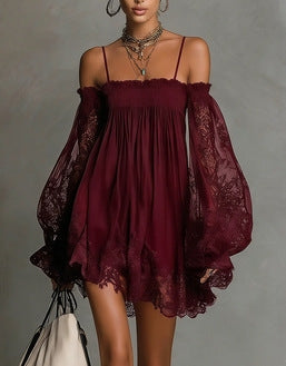 Long-sleeve Slip Dress In Solid Color With A Stretchy Boat Neck And Lace Detailing