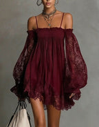 Long-sleeve Slip Dress In Solid Color With A Stretchy Boat Neck And Lace Detailing
