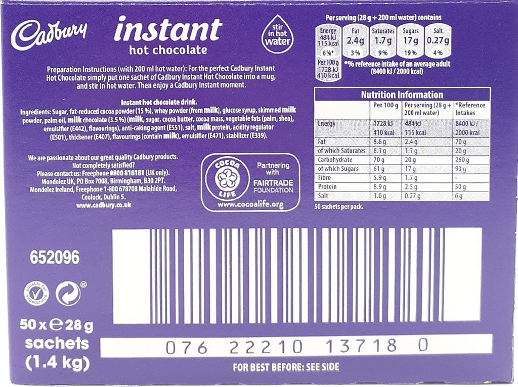 CADBURY Hot Chocolate Instant Sachets 28g Powder Drink Individually Packed Stick