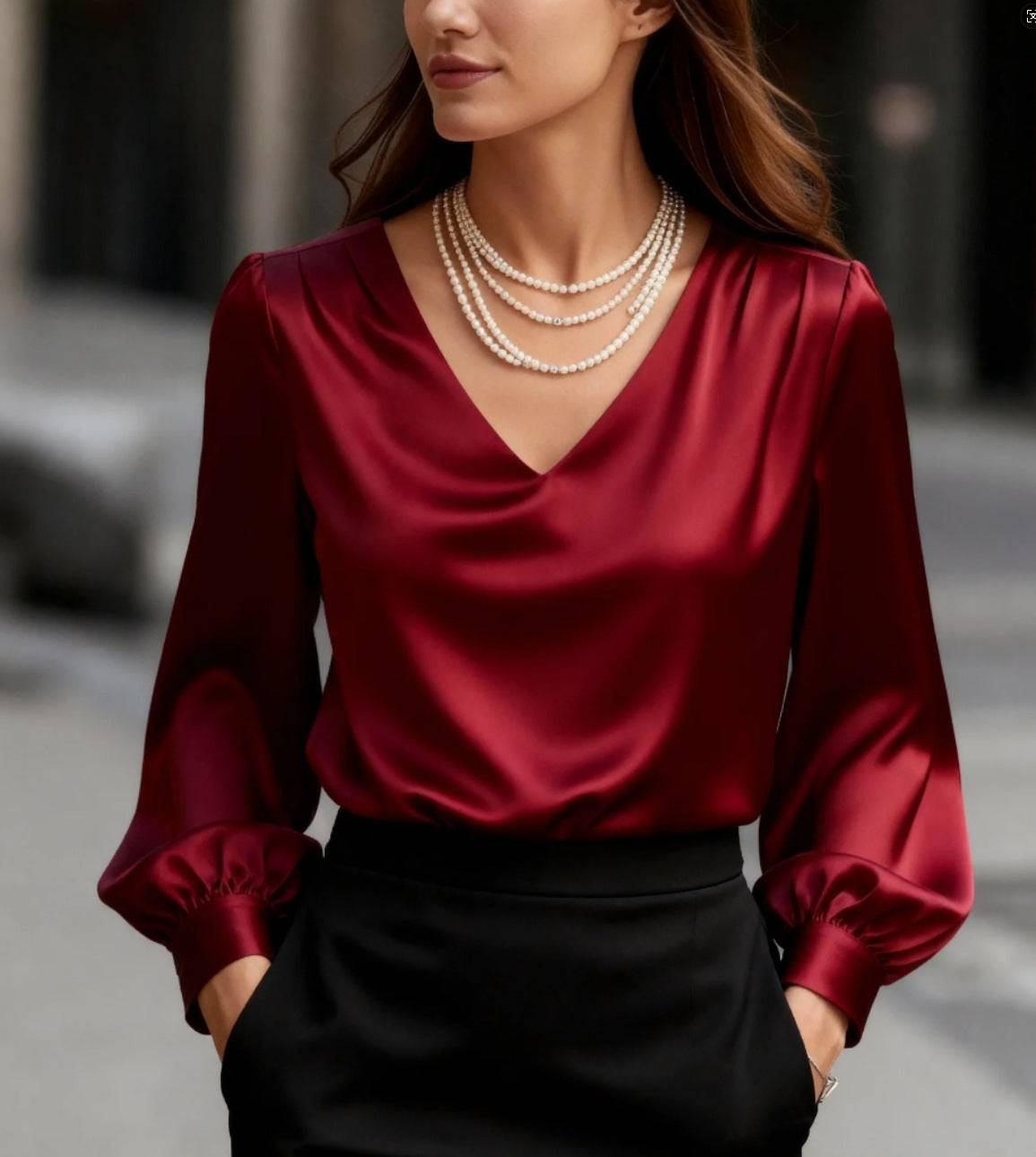 French-style Elegant And Sophisticated Satin Long-sleeve Blouse With Bubble Sleeves And A V-neck