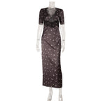 Women's Lace Patchwork V-Neck Puff Sleeve Hollowed-Out Waist Dress