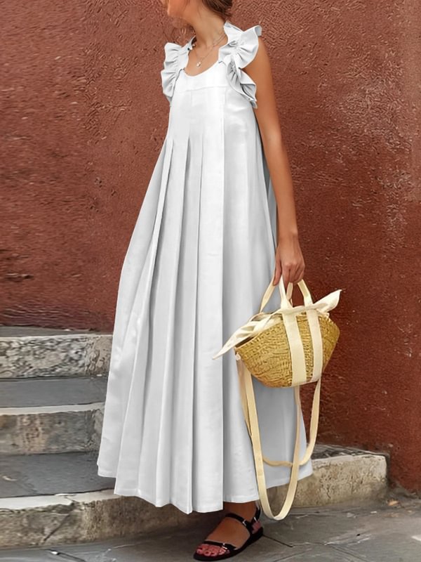 Women's Casual Long Ruffle-Trimmed Solid-Color Dress