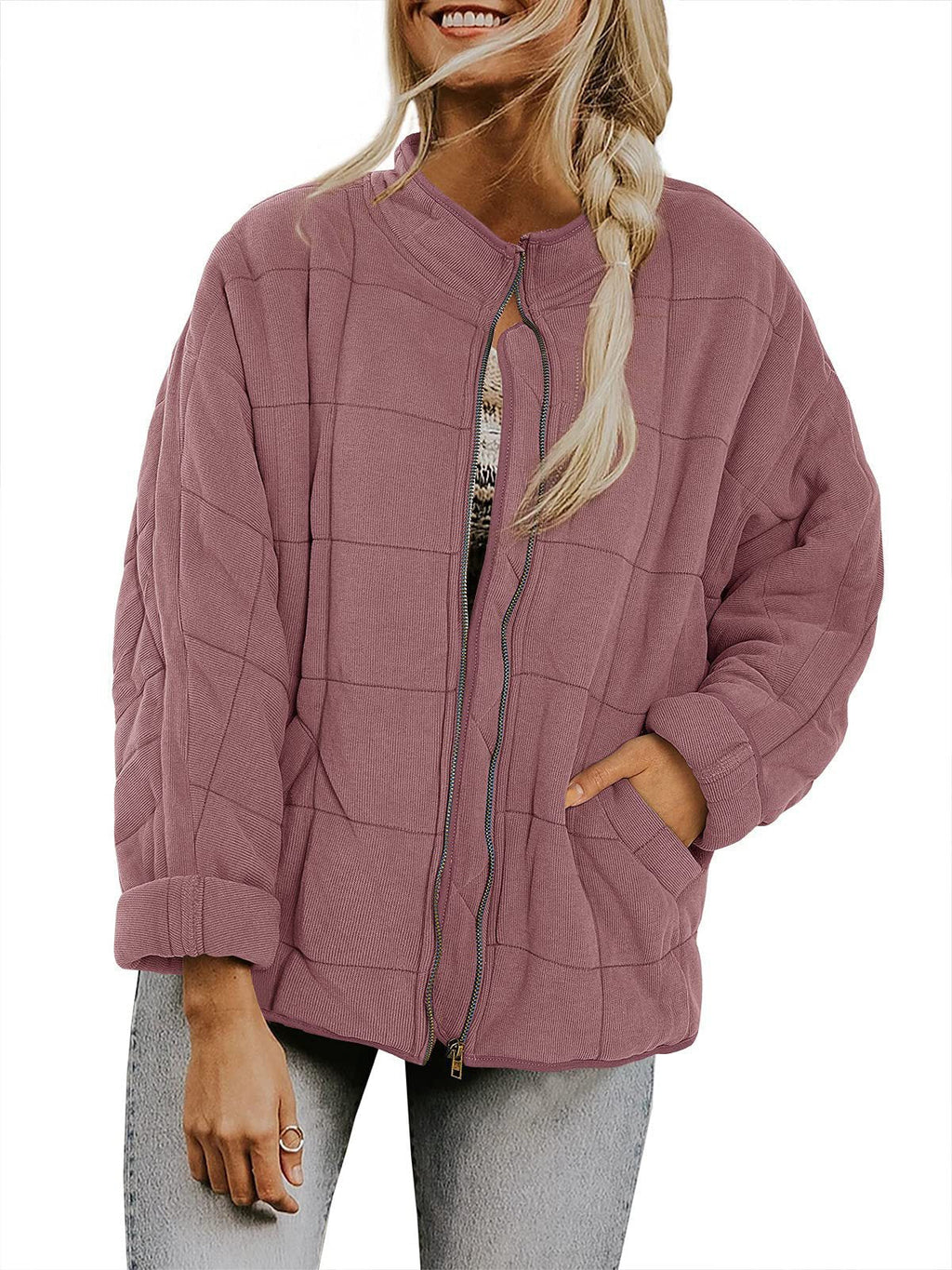 Winter Zip-up Stand Collar Coat With Pockets Fashion Solid Color Plaid Long Sleeved Jacket Women's Clothing