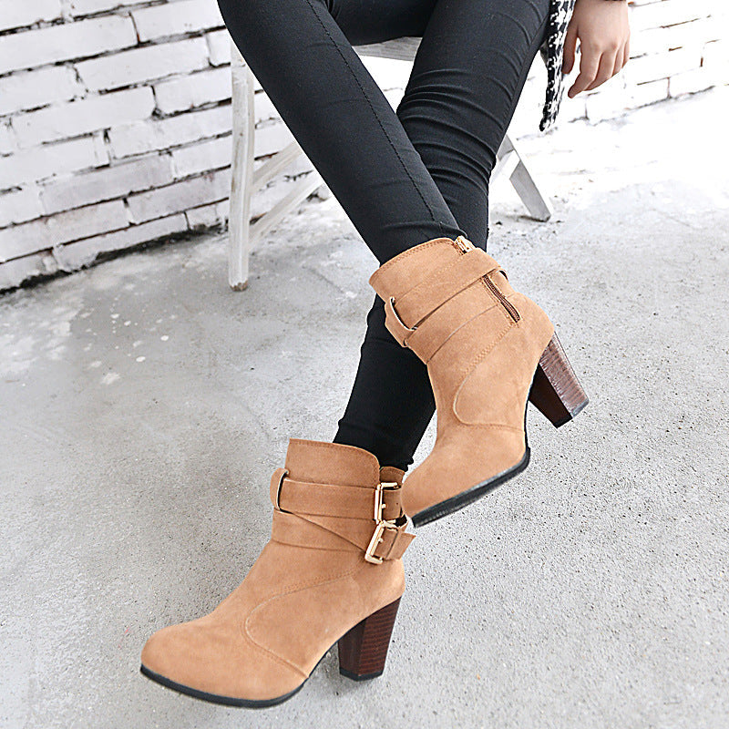 Women's Suede Ankle Boots | High Heel Martin Boots with Buckle & Side Zip