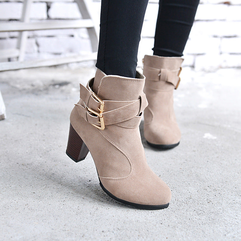 Women's Suede Ankle Boots | High Heel Martin Boots with Buckle & Side Zip