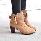Women's Suede Ankle Boots | High Heel Martin Boots with Buckle & Side Zip