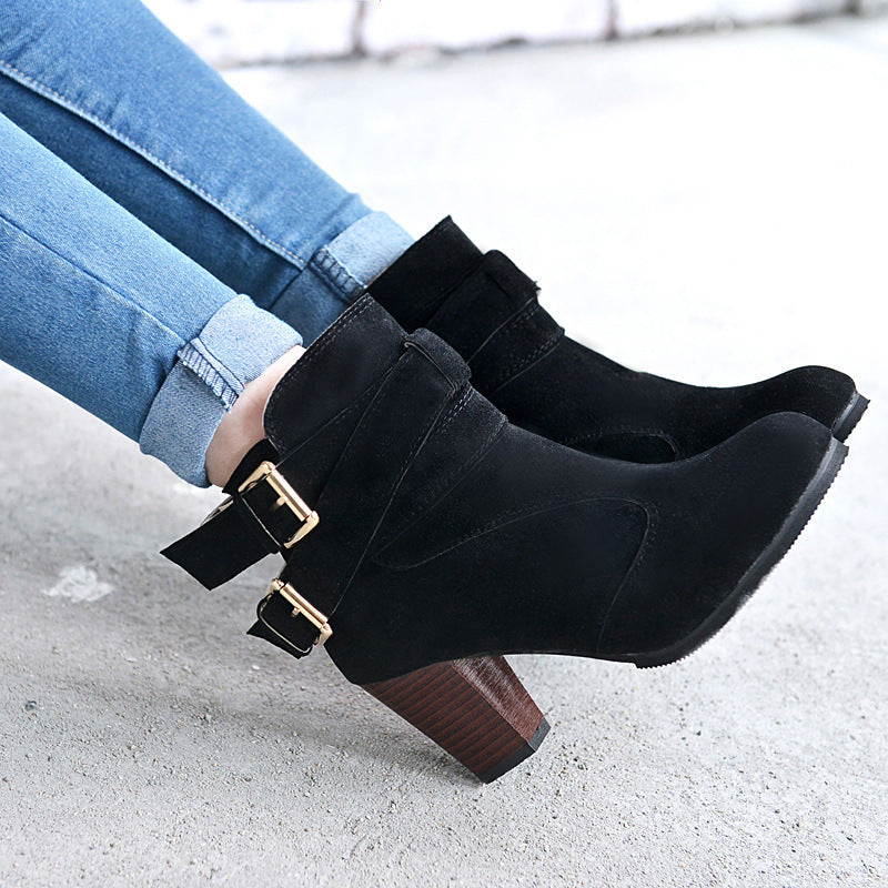 Women's Suede Ankle Boots | High Heel Martin Boots with Buckle & Side Zip