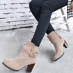 Women's Suede Ankle Boots | High Heel Martin Boots with Buckle & Side Zip