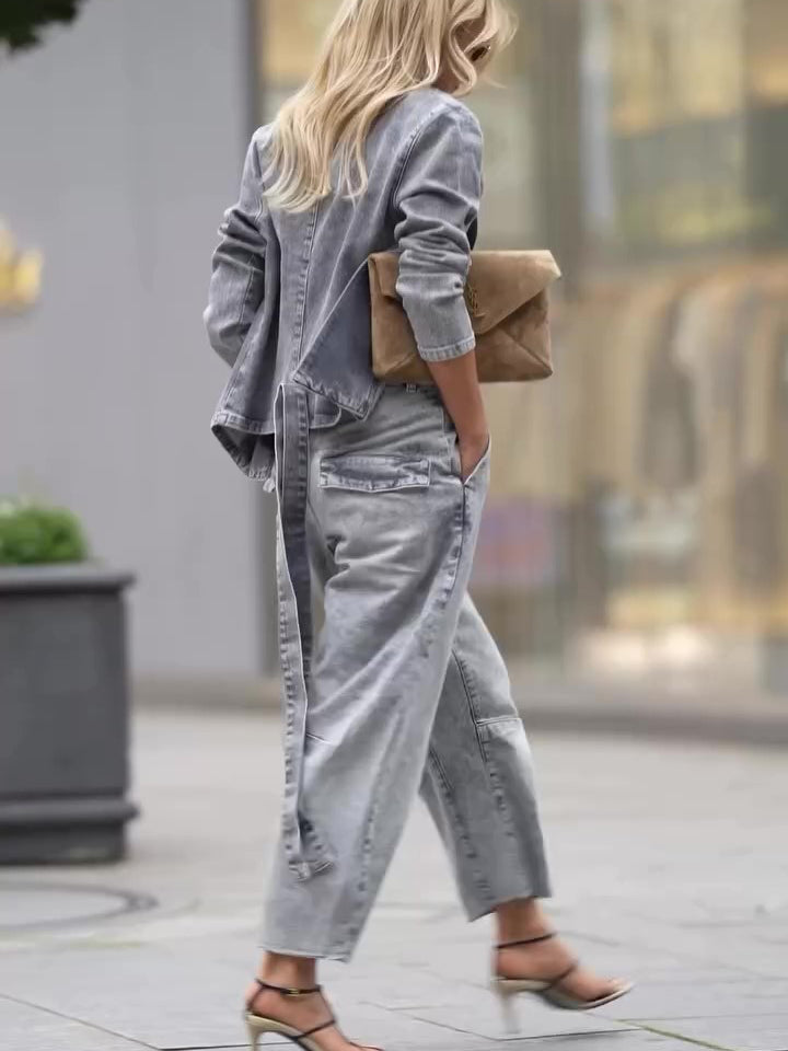 Denim Tie Long Sleeve Top & High Waist Pants Set