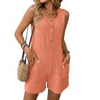 Women's Summer Jumpsuit Round Neck Casual Sleeveless Solid Color Short Jumpsuit With Pockets Women Turtle Neck Holiday Beach Shorts
