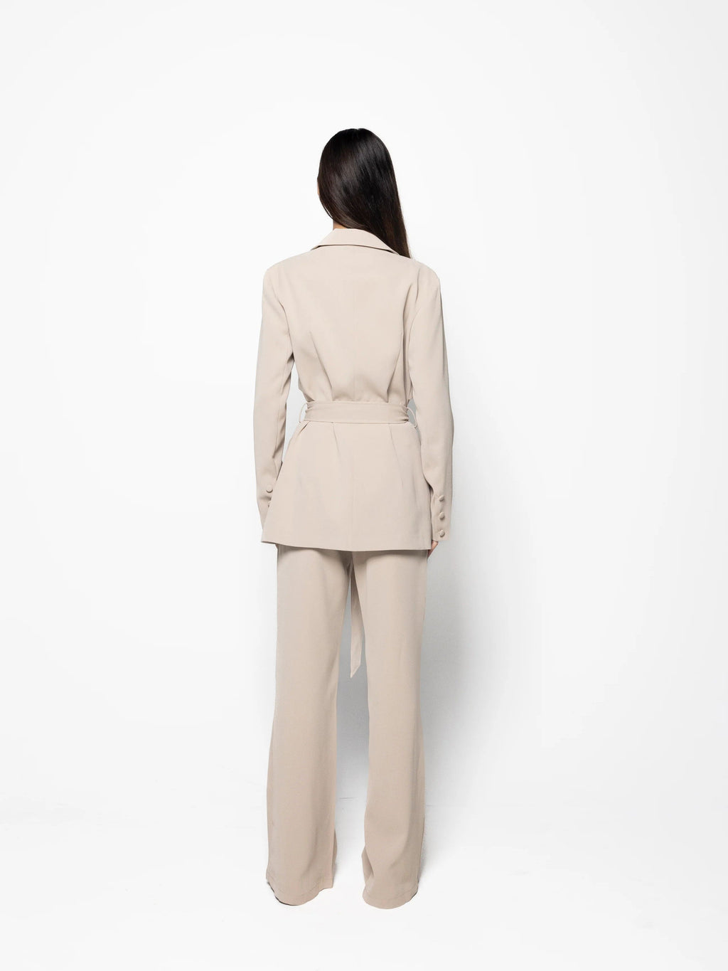Elegant Solid Color Belted Blazer & High Waist Pants Set