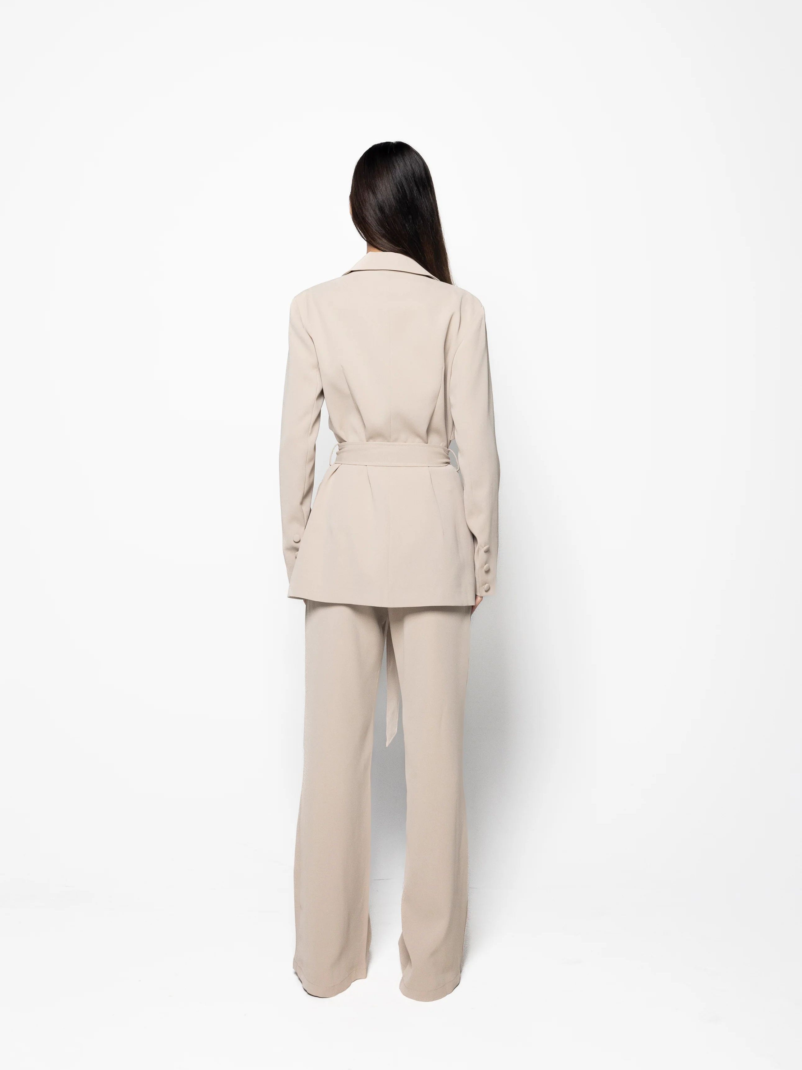 Elegant Solid Color Belted Blazer & High Waist Pants Set