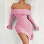 Women's Solid Color One Shoulder Flared-sleeve Bodycon Dress