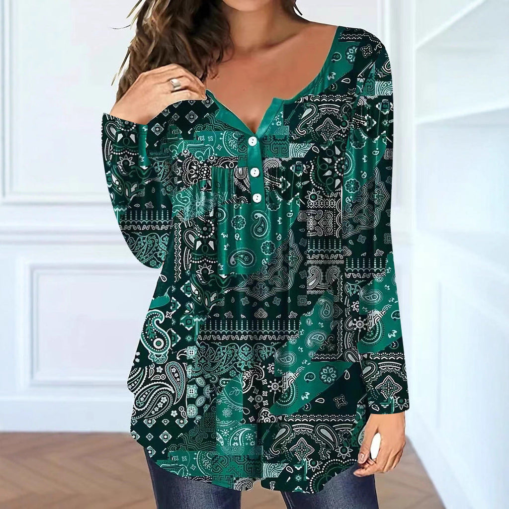 Loose-fit Buttoned V-neck Top Women's T-shirt