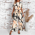 Women's Retro Waist-Cinching Figure-Flattering Elegant Short-Sleeve Printed Jumpsuit