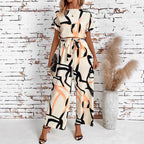 Women's Retro Waist-Cinching Figure-Flattering Elegant Short-Sleeve Printed Jumpsuit