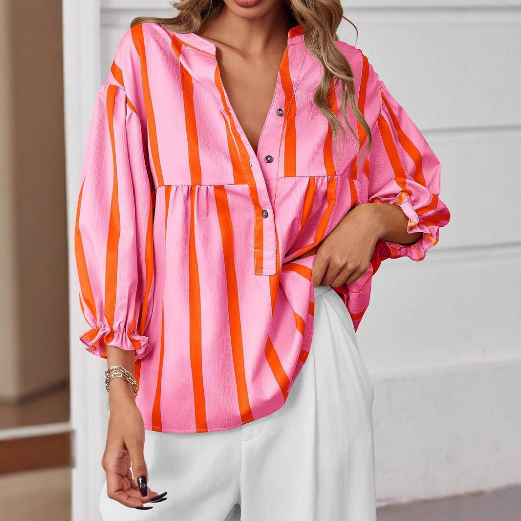 Women's Striped Puff Sleeve Pullover Top | Loose Fit Casual Shirt