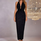 Sexy Backless Boat-neckline Halter Strap Slit Maxi Dress