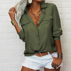 Women's Elegant Solid Chiffon Blouse Spring Summer Casual Long Sleeve V Neck Loose Shirt Office Lady Tunics Tops