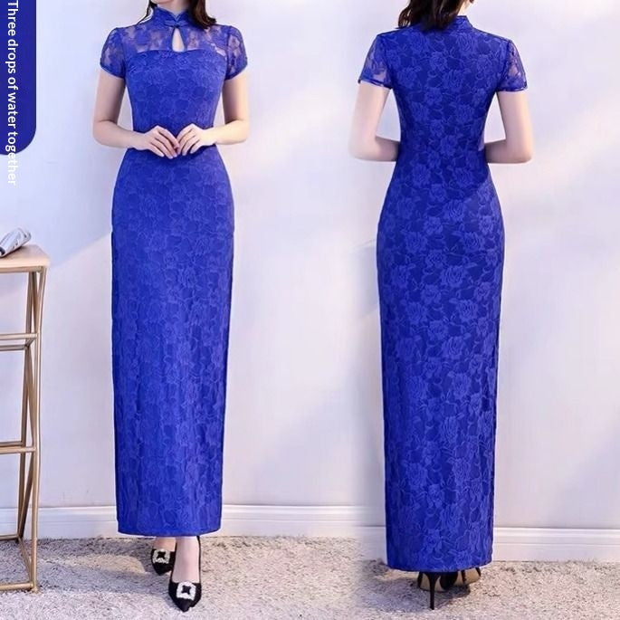 Retro-style modified dance cheongsam lace long high-slit dress