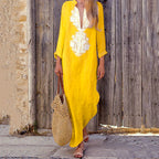 V-neck Loose-fit Cotton-linen Women's Dress