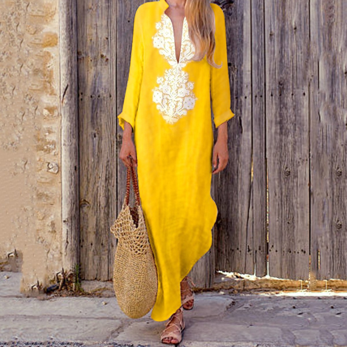 V-neck Loose-fit Cotton-linen Women's Dress