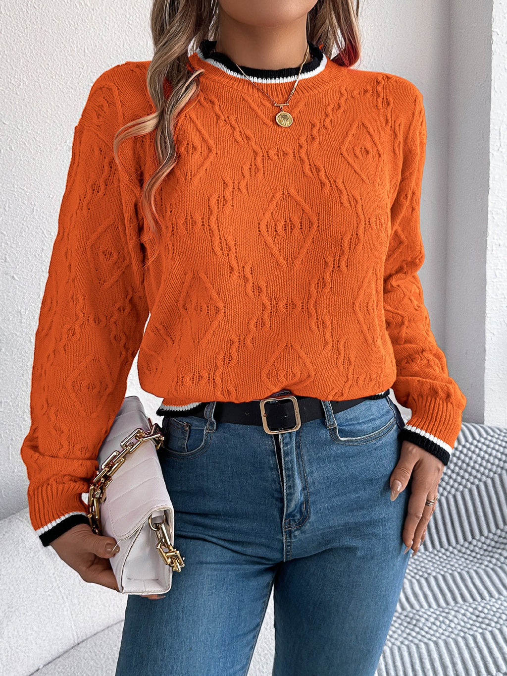 Women Casual Color Block Cable Knit Long Sleeve Pullover Sweater