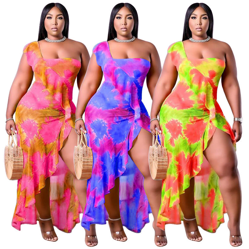 Women's Summer New Arrival One-Shoulder Irregular Printed Ruffle Hem Plus-Size Dress