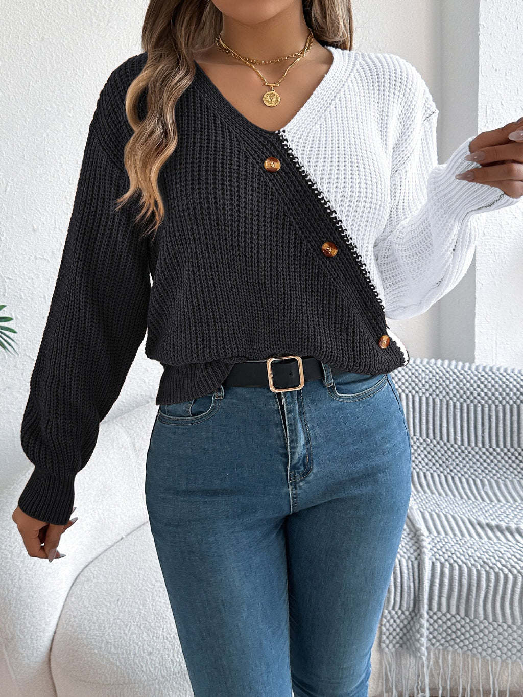 Women Casual V-Neck Button Color Block Lantern Sleeve Pullover Sweater