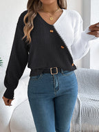Women Casual V-Neck Button Color Block Lantern Sleeve Pullover Sweater