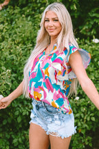 Multi Colour Flutter Sleeve Blouse Abstract Print Women UK
