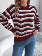 Women Casual Hollow Out Color Block Stripe Lantern Sleeve Pullover Sweater