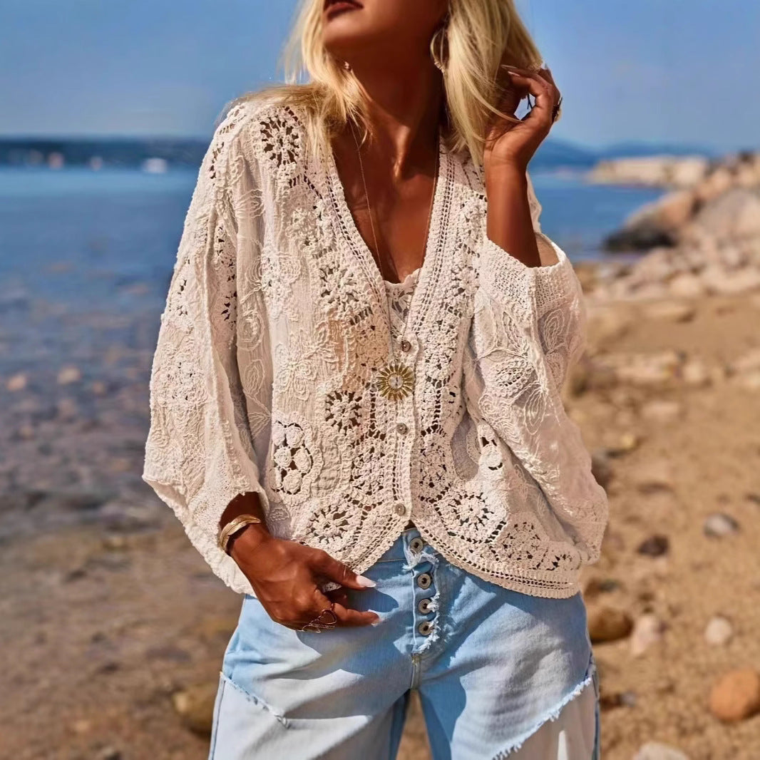 V-neck Hollow-out Knit Top With Three-quarter Sleevesloose-fit
