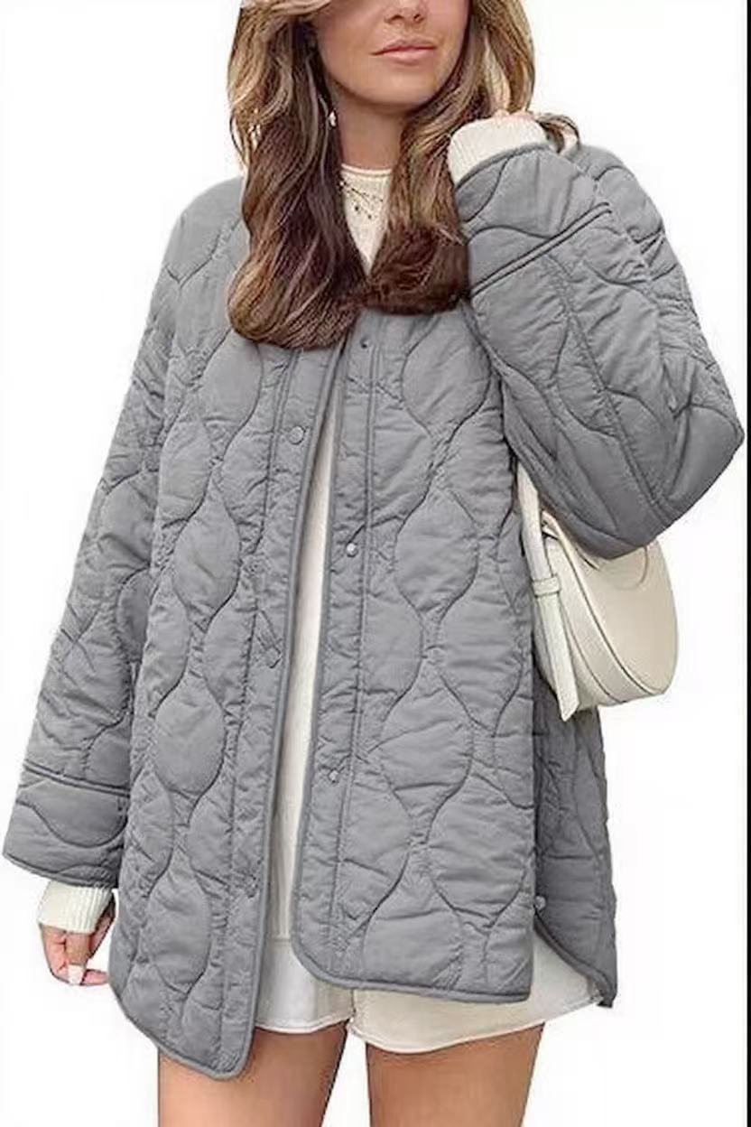 European And American Style Chic String Decoration Simple Solid Color Round Neck Loose Cotton Coat