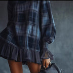 Women's Spring Collection Designer Plaid Dress With Ruffled Hem