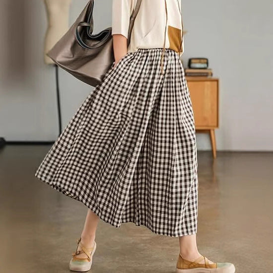 High-waisted Cotton-linen Plaid Wide-leg Pantskirt Loose-fitting Casual Trousers Elegant Style