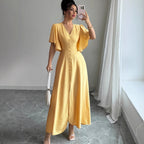 Women's Solid-Colored Split Simple Dress With Petal Sleeves