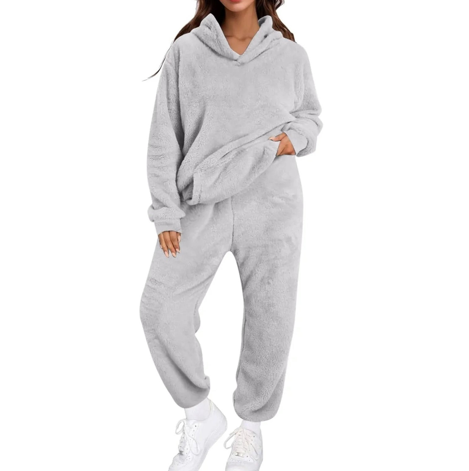 Women's Casual Solid-Color Fleece Hooded Long-Sleeve Top And Pants Set